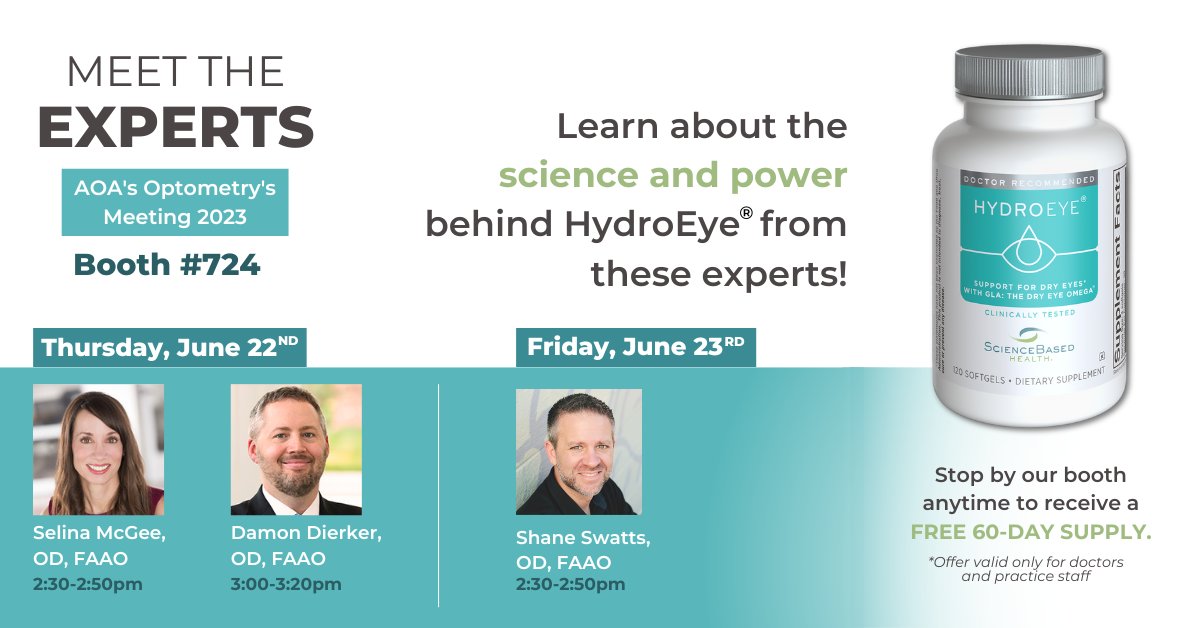 Are you attending AOA's Optometry Meeting? Visit booth 724 to learn how experts are using #HydroEye to support eye comfort among their patients!​

#ophthalmology #ophthalmologist #optometrist​ #optometry