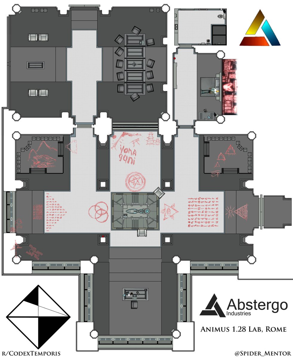 You might remember my old sketch of #Abstergo’s #Animus 1.28 Lab in Rome, now blueprinted and colorized, so we can see all of Clay’s blood glyphs at once! Useful for a tabletop game at this angle too ;) #AssassinsCreed