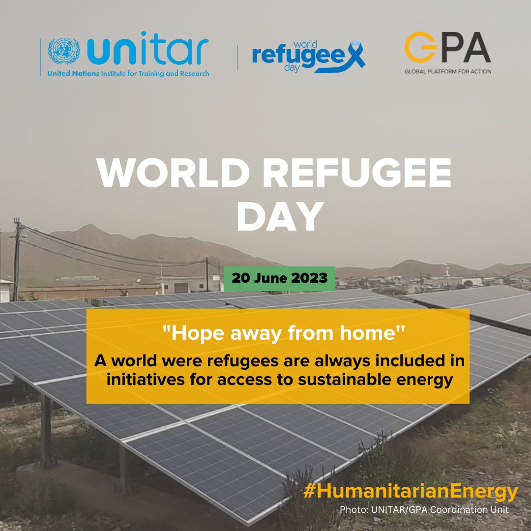 UNITAR's tweet image. Today on #WorldRefugeeDay, @UNITAR, through the @EnergyGPA, works to ensure #EnergyAccess in humanitarian settings. We work for a world where refugees are always included in initiatives for access to sustainable energy to support them in every capacity.

#HumanitarianEnergy