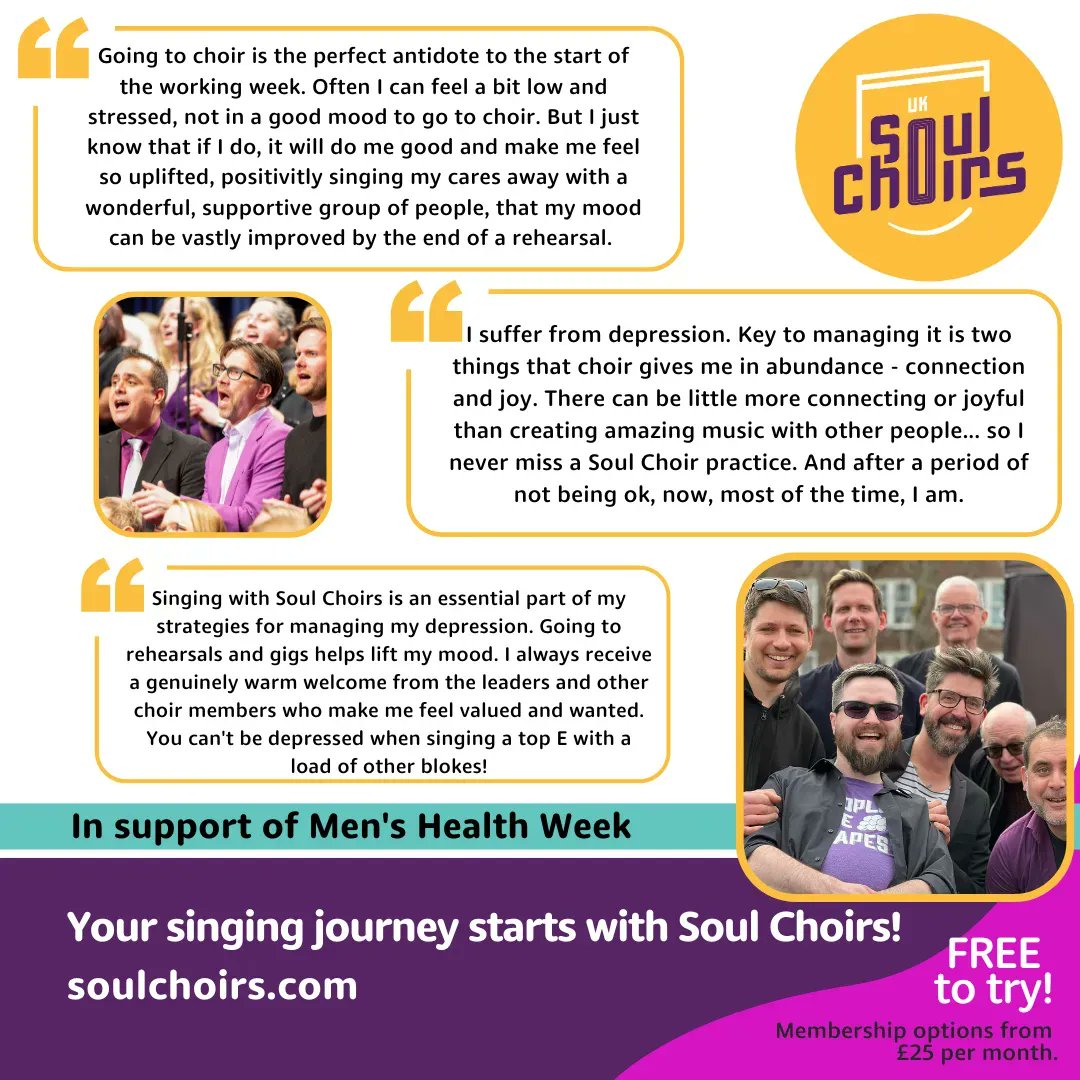 uksoulchoirs's tweet photo. We're big supporters of mental health for all and we asked some of our male choir members what they do to help their well being. If you are looking for a friendly, positive, open-to-all choir to join - look no further! Come join us - find out more here: https://t.co/MiEfoCeBUM https://t.co/XEy9K49Z7F