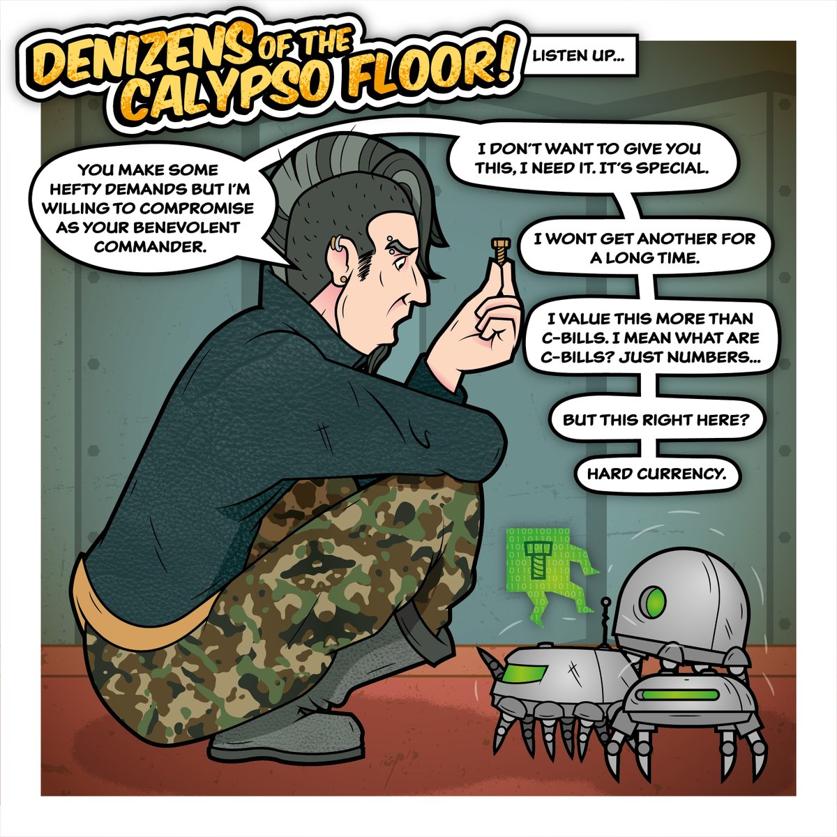 It's Battletech day! 
<a href="/ejbenson/">Eric Benson</a> <a href="/TychoBrahe/">Tycho Brahe</a> <a href="/thekiko/">Kiko Villaseñor</a> 

I couldn't just stop at one... the floor robots are too good to let go by. 

Yes I gave Stavrenn piercings. Sue me.

#battletech #pennyarcade #illustration #comic #blackremnant