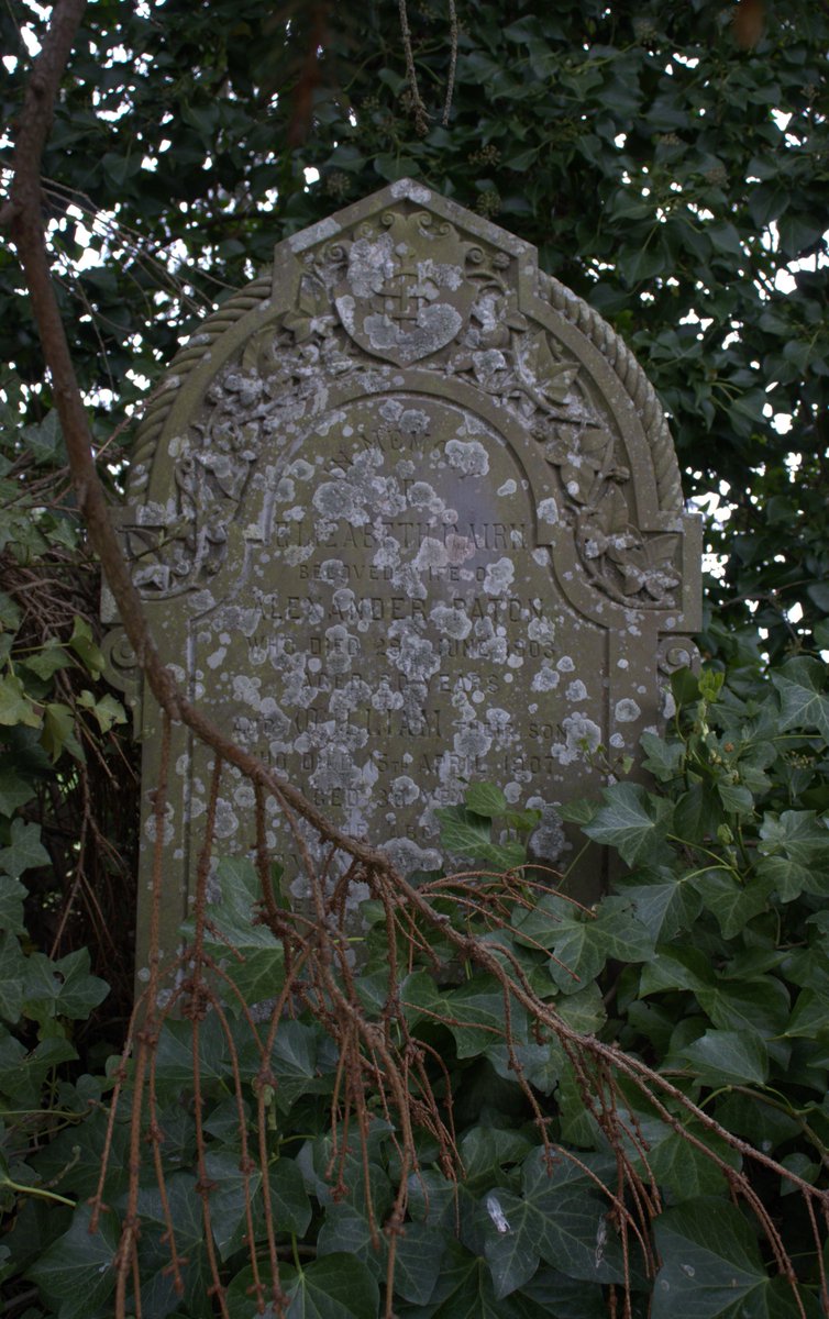 A half hidden headstone with the familiar IHS motif and some foliage carved around the top marks the death of Elizabeth Paton 

#RandomScottishGravestones