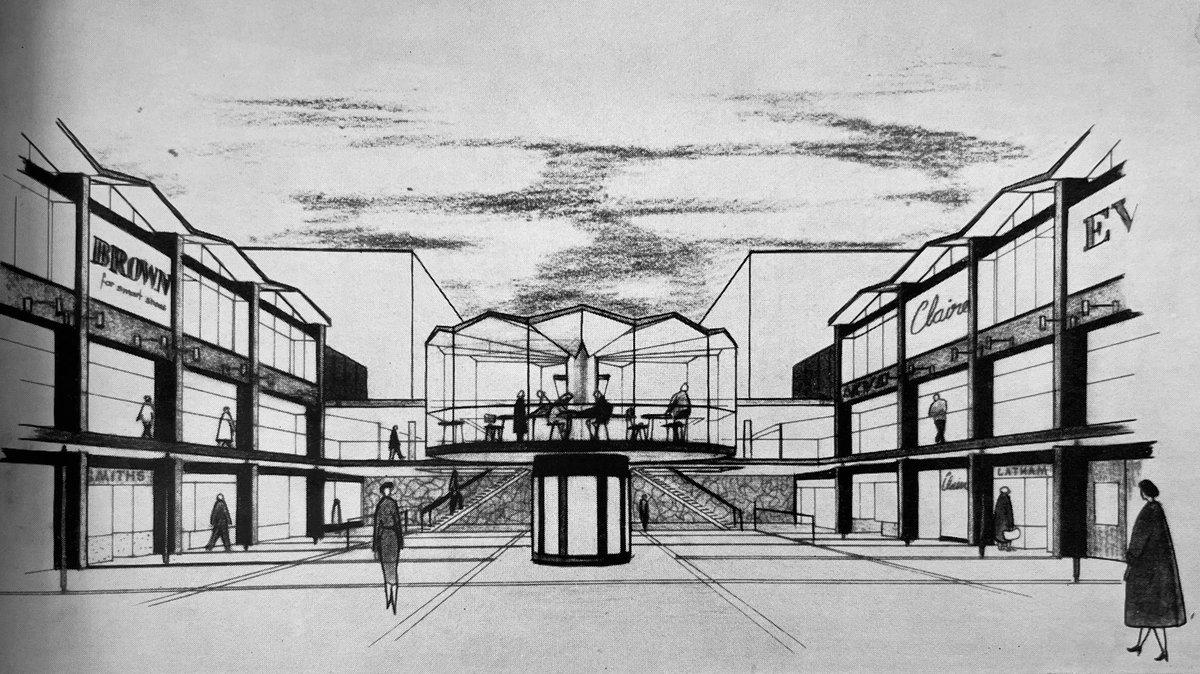 OSaumarezSmith's tweet image. Two chic mid-1950s drawings for the reconstruction of Central Coventry,m: for the Lower Precinct with a spikier early iteration of the Round Cafe, and for the Market Place - which is one of the areas currently under threat of demolition.