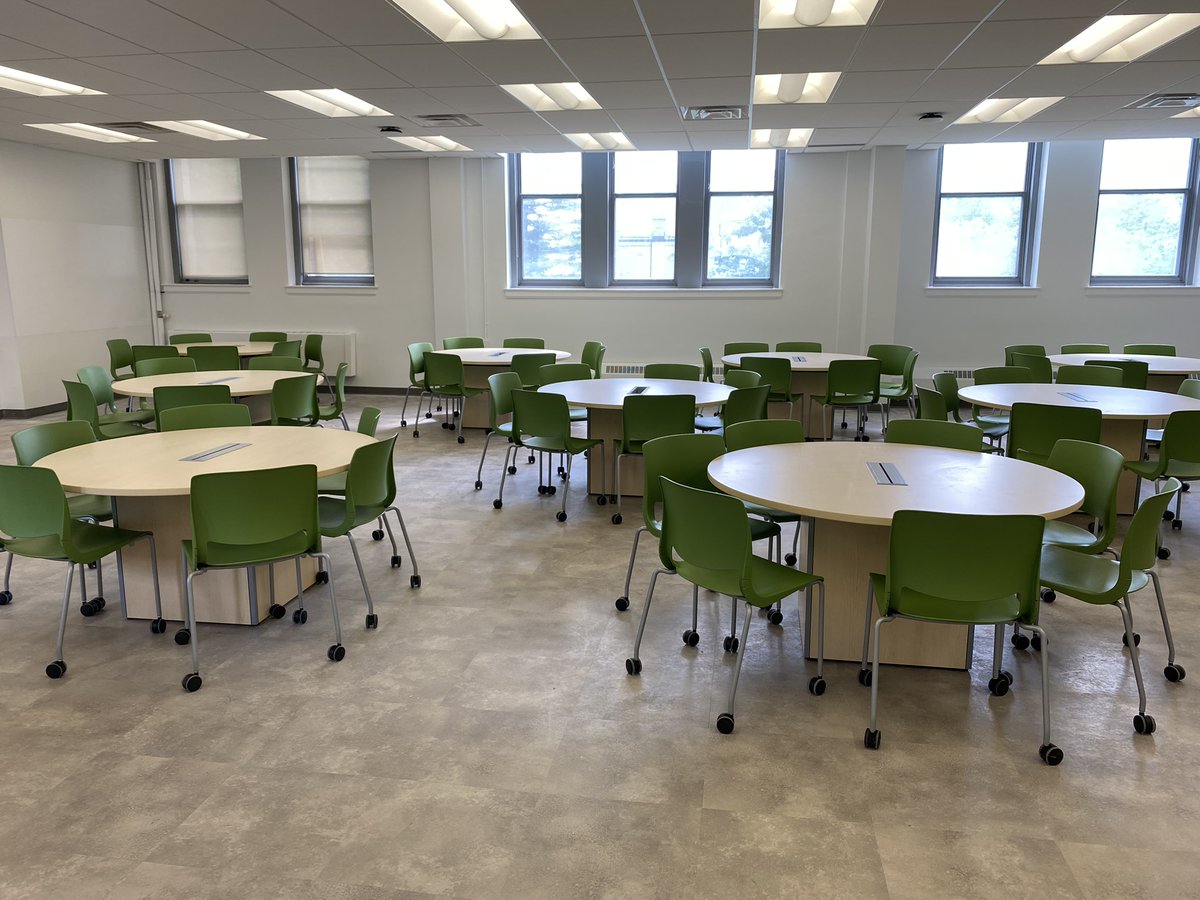 We're nearly complete on a classroom renovation in Kingston Hall, room 301. Equipped with a series of round tables, it will be a low-tech and team-based active learning classroom. It includes whiteboards and projectors around the perimeter of the room for interactive learning.