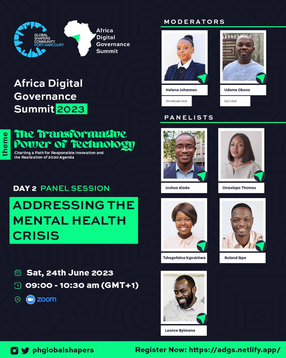 💚 Let's make mental health a priority at the AFRICA DIGITAL GOVERNANCE SUMMIT 2023! Join the 'Addressing the Mental Health Crisis' session and be part of the solution. 🌍✨ 

#ADGS2023 

#ADGS2023 #DigitalGovernance #MentalHealthMatters #Wellbeing #TechnologyForGood