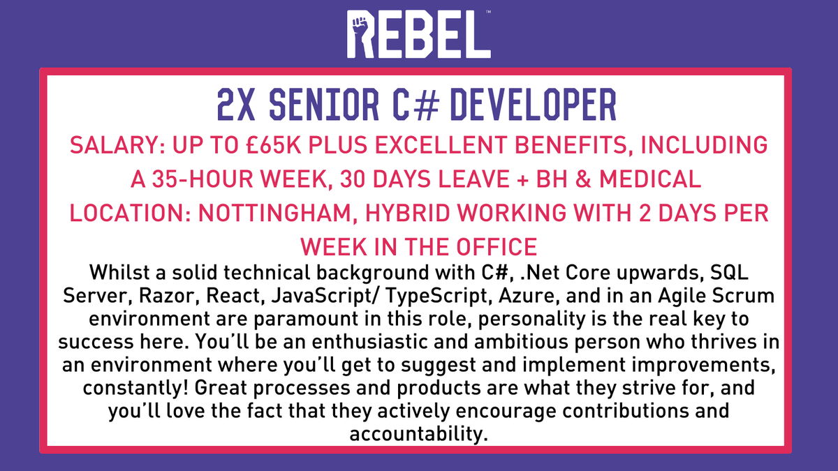 New job alert 📢

✊ Role: 2x Senior C# Developer

💰 Salary: Up to £65k plus excellent benefits

📌 Location: Nottingham, hybrid working with 2 days per week in the office

Apply online ☝️ rebelrecruiters.co.uk/job/2x-senior-… or call 📞 0115 718 0300

#newjob #hiring #techjob