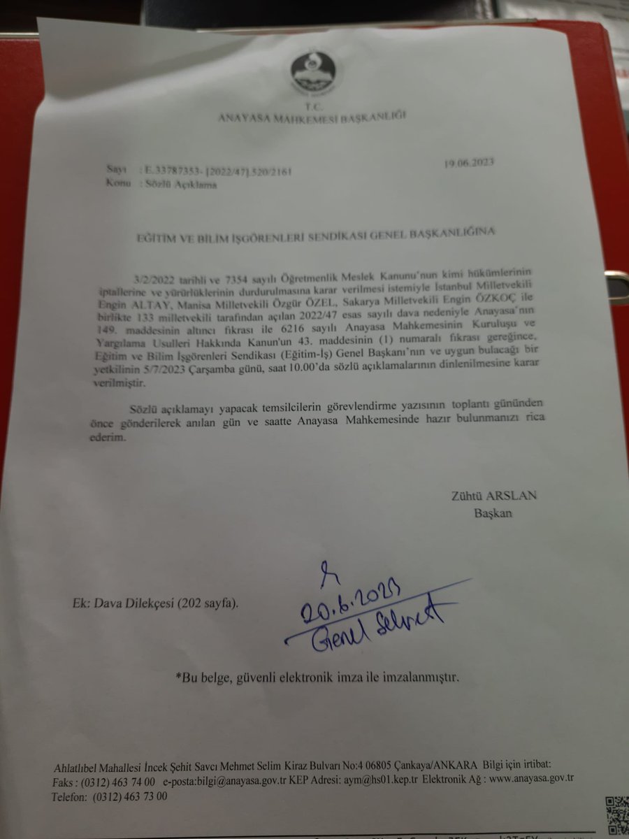 Öğretmenin adının olduğu, düşüncesinin olmadığı sözde Öğretmenlik Meslek Kanunu’nun iptali istemiyle açılan davada, 5 Temmuz Çarşamba günü, Anayasa Mahkemesi’nde olacağız.