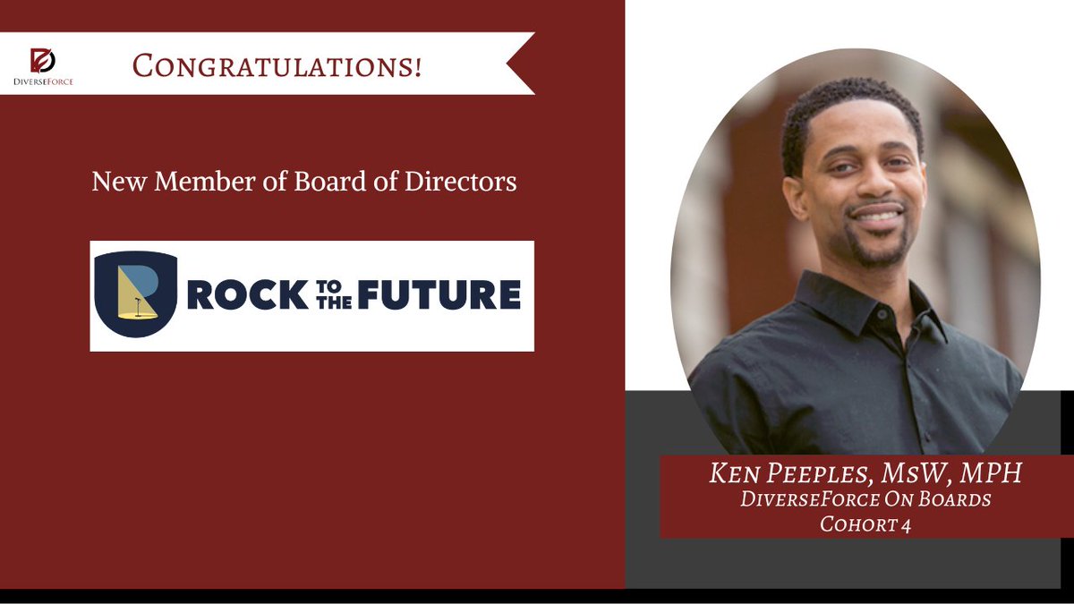 Huge congratulations to Kenneth Peeples, an alumnus of our @DiverseForce On Boards Cohort 4 for becoming a new member of the Board of Directors for the @RocktotheFuture. #DiverseForce #DiverseForceOnBoards