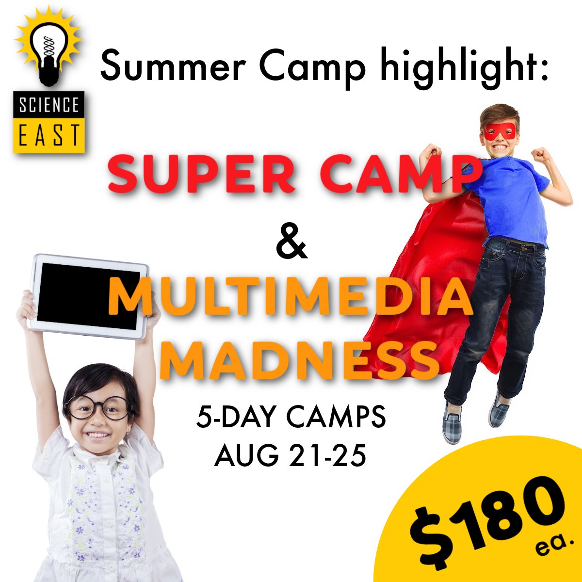science_east's tweet photo. We're so excited for summer camps to start next week! As most of our camps our full, we thought we would highlight the weeks that still have availability! 
🤖
🦸‍♀️
🐳
#SummerCamps #ScienceEast #ScienceRules #summercamp https://t.co/KQrWITU9Iv