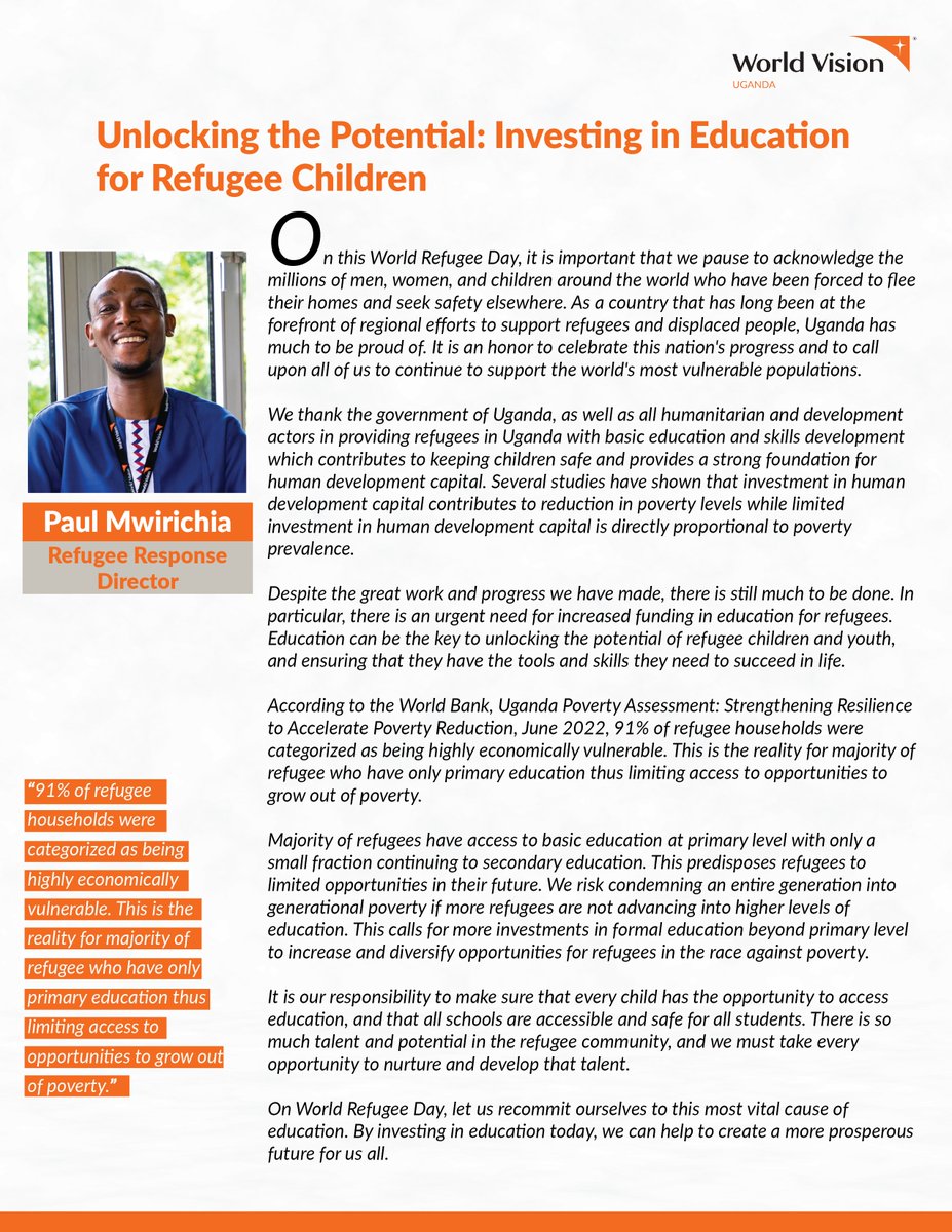 World Vision Uganda’s Refugee Response Director, Paul Mwirichia shares his thoughts on investing in education for refugee children.

#WorldRefugeeDay #UgandaWelcomesRefugees #StandWithRefugees #HomeAwayFromHome