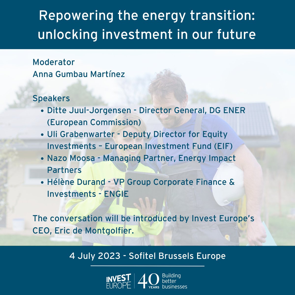 📥 Register now for our next event in our 40thAnniversary event series which will take place on 4 July in Brussels 

💡 "Repowering the energy transition: unlocking investment in our future"
 
The event, under Chatham House rule, will bring together public and private sector