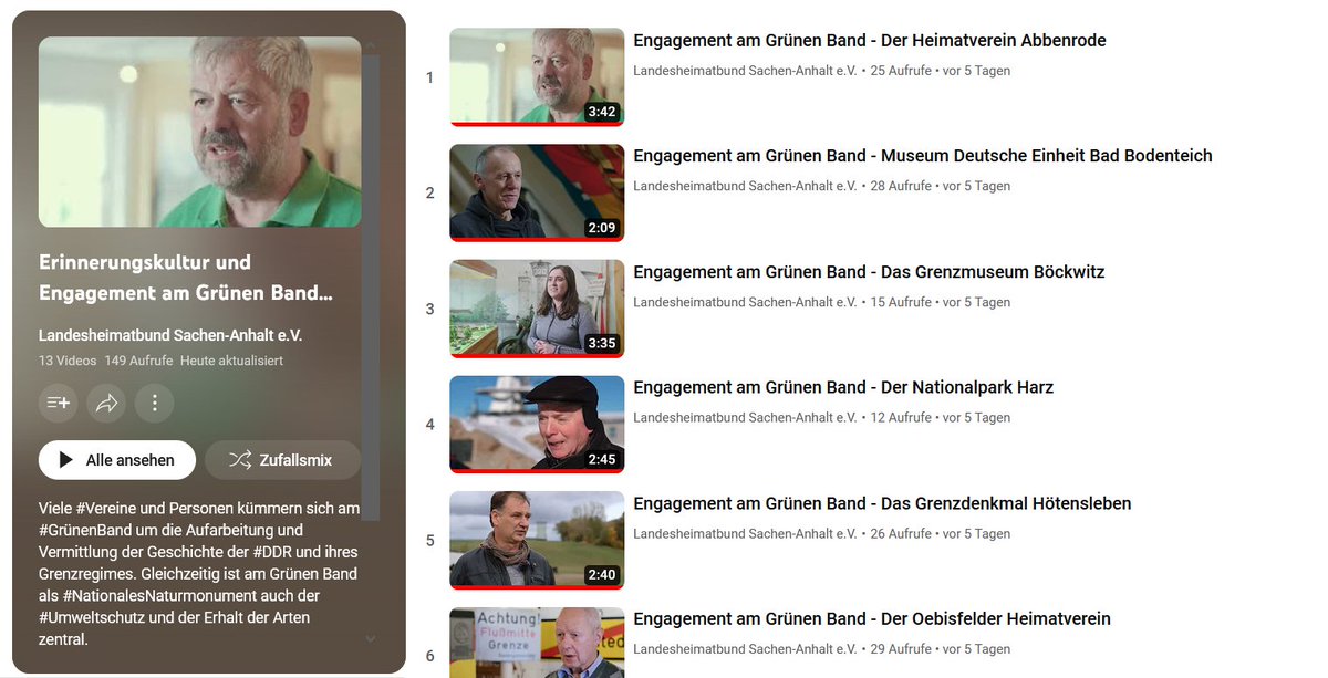 In 12 Videoclips erzählen euch Vertreter:innen von #Museen, #Vereinen, #Naturparks und #Gedenkstätten in #SachsenAnhalt, wie sie sich um die Aufarbeitung und Vermittlung der Geschichte der #DDR und des Grenzregimes kümmern: youtube.com/playlist?list=… #GrünesBand #innerdeutscheGrenze