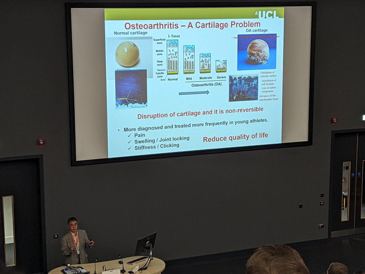 Our afternoon session kicked off by an exciting invited talk from Professor Chaozung Liu (UCL) looking at biomaterials for early intervention of osteoarthritis 👏 @UKSBiomaterials #UKSB2023