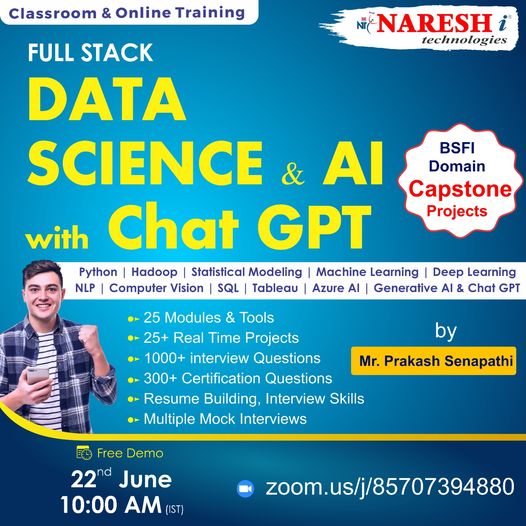 🛑 Free Demo 🛑
✍️Enroll Now: bit.ly/42MRbgu
👉Attend a Free Demo On Full Stack Data Science & AI with Chat GPT by Mr. Prakash Senapathi.
📅Demo On: 22nd June @ 10:00 AM (IST)
#Fullstackdatascience #ai #machinelearning #onlinetraining #education #software #nareshit