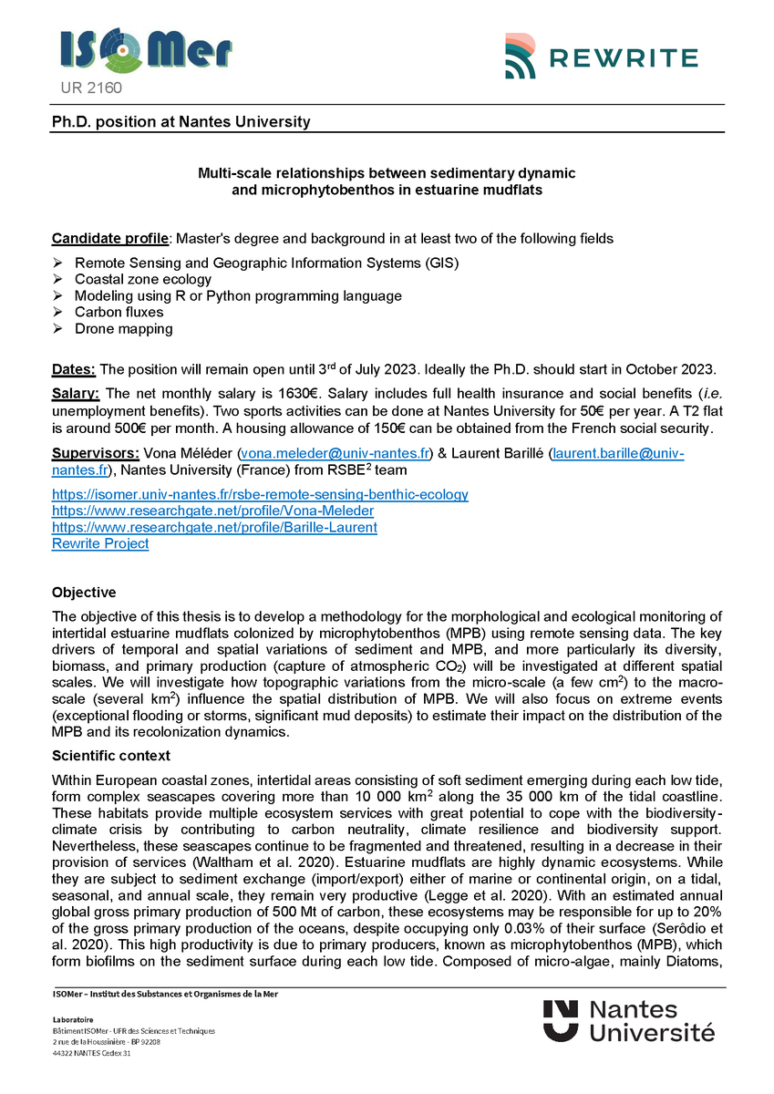 PEPR_FairCarboN's tweet photo. 📢🎓 Ph.D. Position at @NantesUniv: 𝐌𝐮𝐥𝐭𝐢-𝐬𝐜𝐚𝐥𝐞 𝐫𝐞𝐥𝐚𝐭𝐢𝐨𝐧𝐬𝐡𝐢𝐩𝐬 𝐛𝐞𝐭𝐰𝐞𝐞𝐧 𝐬𝐞𝐝𝐢𝐦𝐞𝐧𝐭𝐚𝐫𝐲 𝐝𝐲𝐧𝐚𝐦𝐢𝐜 𝐚𝐧𝐝 𝐦𝐢𝐜𝐫𝐨𝐩𝐡𝐲𝐭𝐨𝐛𝐞𝐧𝐭𝐡𝐨𝐬 𝐢𝐧 𝐞𝐬𝐭𝐮𝐚𝐢𝐫𝐞 𝐦𝐮𝐝𝐟𝐥𝐚𝐭𝐬
Deadline: July 07, 2023
Start: October 2023
Full details ⤵ https://t.co/FwxFqKCNli