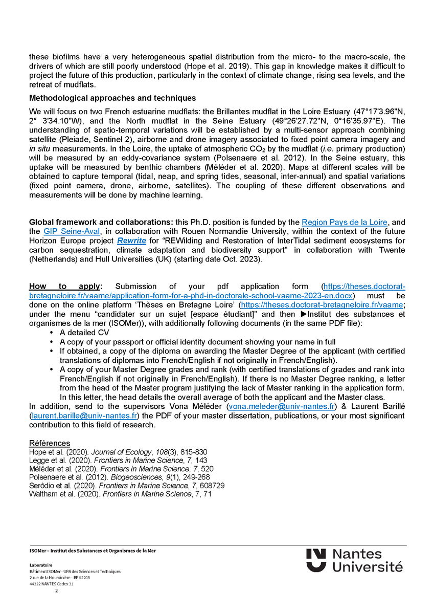 PEPR_FairCarboN's tweet photo. 📢🎓 Ph.D. Position at @NantesUniv: 𝐌𝐮𝐥𝐭𝐢-𝐬𝐜𝐚𝐥𝐞 𝐫𝐞𝐥𝐚𝐭𝐢𝐨𝐧𝐬𝐡𝐢𝐩𝐬 𝐛𝐞𝐭𝐰𝐞𝐞𝐧 𝐬𝐞𝐝𝐢𝐦𝐞𝐧𝐭𝐚𝐫𝐲 𝐝𝐲𝐧𝐚𝐦𝐢𝐜 𝐚𝐧𝐝 𝐦𝐢𝐜𝐫𝐨𝐩𝐡𝐲𝐭𝐨𝐛𝐞𝐧𝐭𝐡𝐨𝐬 𝐢𝐧 𝐞𝐬𝐭𝐮𝐚𝐢𝐫𝐞 𝐦𝐮𝐝𝐟𝐥𝐚𝐭𝐬
Deadline: July 07, 2023
Start: October 2023
Full details ⤵ https://t.co/FwxFqKCNli
