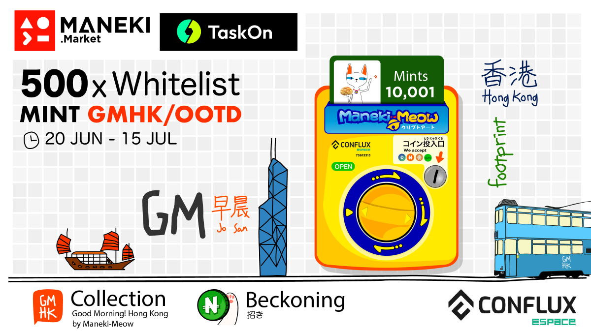 ManekiMeowOrg's tweet photo. 🚀 Let's start our  #Giveaway with @taskonxyz

🎁 500 x #Whitelist
⏰ Jun 20th  - Jul 15th
✅ Follow @ManekiMarket and @Conflux_Network
✅ RT, Tag 3 📷
✅ Complete &amp; Secure your #GMHK by #ManekiMeow 👇
https://t.co/lRFXj4CZuE

#Web3 #NFT #NFTCommunity https://t.co/GwaGrB9ZXo