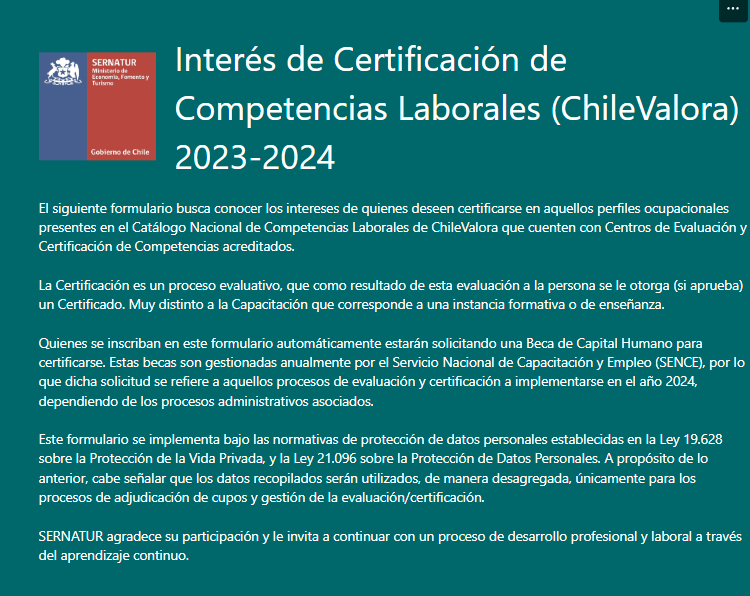 turismoadc's tweet photo. ¡CERTIFICA TUS COMPETENCIAS LABORALES EN #TURISMO EL 2024!
Participa del Levantamiento de Interés de Certificación de Competencias Laborales (ChileValora).
COMPLETA TUS INTERESES DE CERTIFICACIÓN EN: https://t.co/fDZjH0TSD4 hasta el 30 de junio.
CONSULTAS: infoatacama@sernatur.cl https://t.co/4nFY9nxaw5