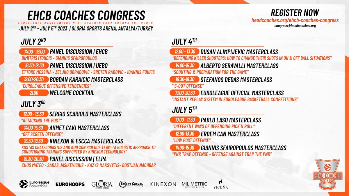 OFFICIAL: The full schedule of the 2023 EHCB Coaches Congress! Register NOW! headcoaches.org/ehcb-coaches-c… @EuroLeague @Eurohoopsnet @Gloria_Sports @Kinexon @MilimetricTerzi
