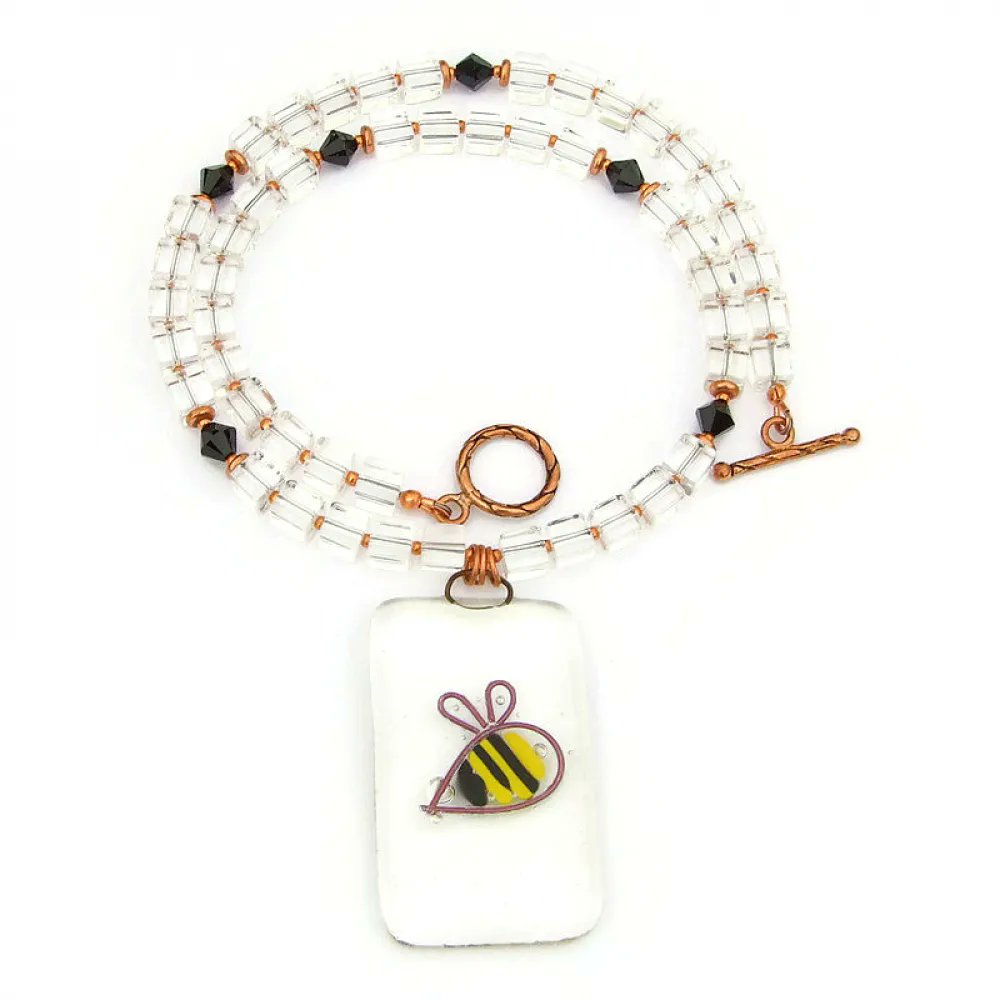 Unique Fused Glass #Bumblebee / #Bee Pendant #Necklace w/ AAA Clear Quartz Cubes! bit.ly/SaveTheBeesSD via @ShadowDogDesign #cctag #SaveTheBees #Handmade #BeeNecklace