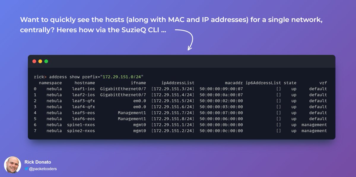 SuzieQ is all about network observability, and provides an amazing CLI tool for quickly getting info about your network. Heres an example: 👇 #networkautomation <a href="/SuzieqProject/">SuzieQ Project</a>