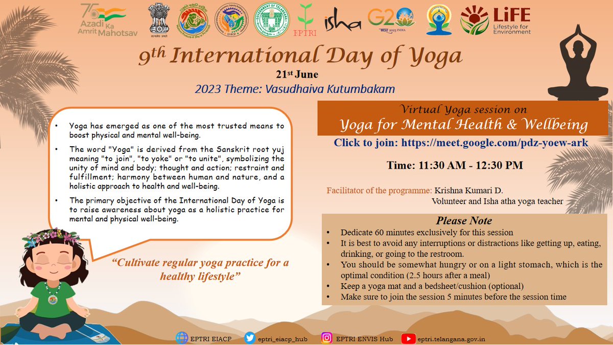 EPTRI EIACP Hyderabad in association with Isha Yoga centre is conducting a virtual yoga session on 'Yoga for Mental health and Wellbeing' from 11:30 am - 12:30 pm on the occasion of 9th International Day of Yoga celebrated on 21st June, 2023.