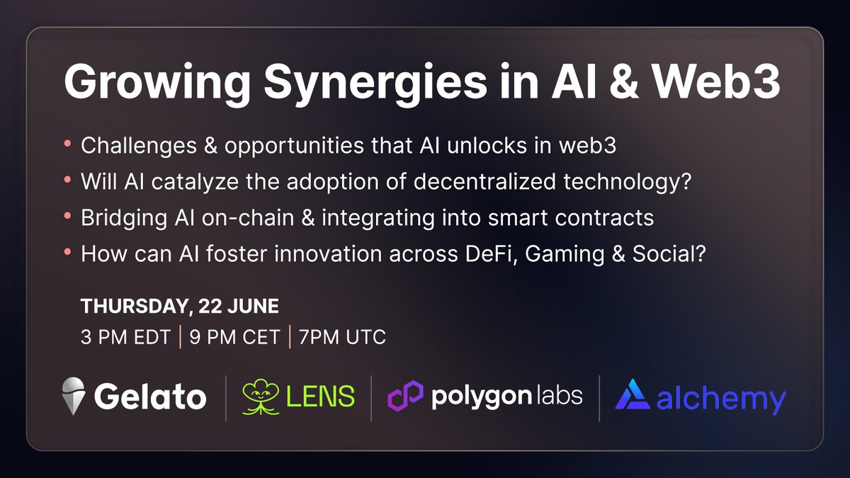 Join us this Thursday for a deep-dive into AI & web3 synergies with @LensProtocol Director of DevRel @dabit3, @AlchemyPlatform & @0xPolygonLabs!

RSVP below!
twitter.com/i/spaces/1mnxe…