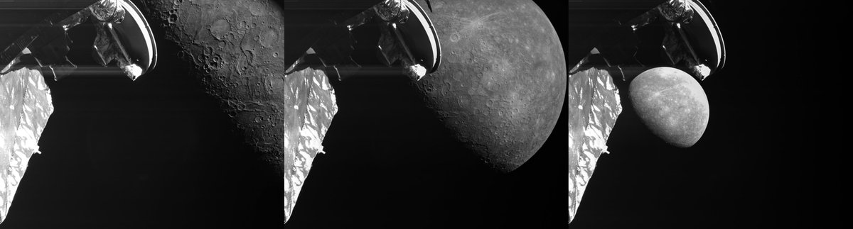 A trio of images to highlight #BepiColombo's 3rd #MercuryFlyby, featuring a newly named crater and various geological and tectonic curiosities. Enjoy this first-look taste of our flyby! 
Details &amp; images👉esa.int/Science_Explor…
#ExploreFarther