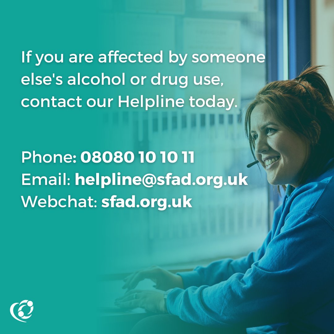 Are you concerned about someone else's alcohol or drug use? Our Helpline team are there to chat, offer listening support and link you to support services that suit you. Contact them today via - Phone: 08080 10 10 11 Email: helpline@sfad.org.uk Webchat: sfad.org.uk