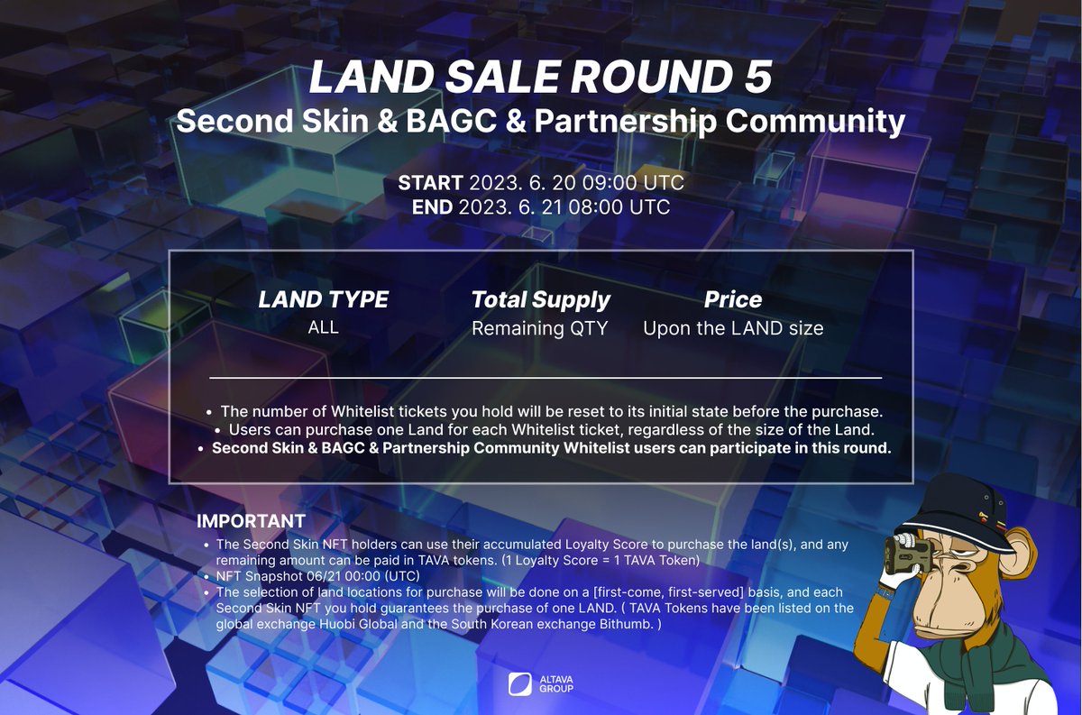 #BAGC #BAGCARMY also have a chance to get ALTAVA #LAND.

Snapshot : 21st June 00:00 UTC
1BAGC = 1Whitelist for Round 5.

altava.io/land

#Farming #Staking #C2E #ALTAVAGroup