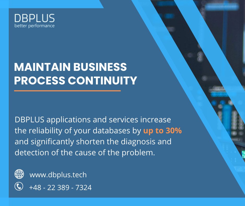 Maintain business process continuity with DBPLUS Better Performance.

dbplus.tech/en/

#PerformanceManagement #DataReplication #databaseoptimisation #Oracle #MSSQL #SQL #PostgreSQL #business #database #SapHana #data #IT #MicrosoftSQL