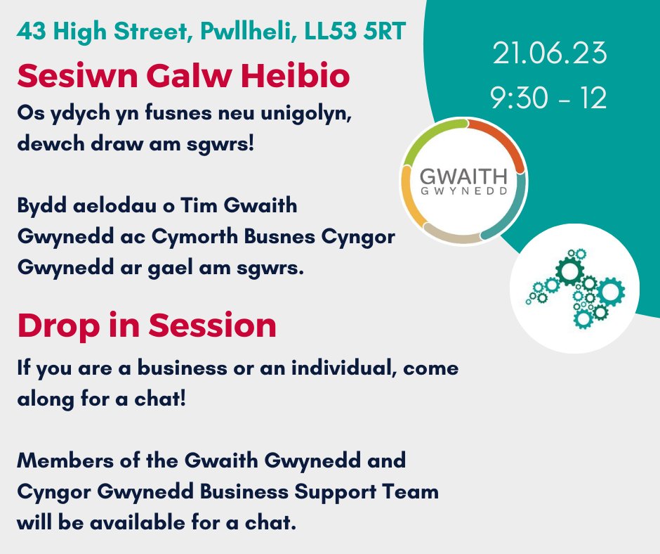 GwaithGwynedd's tweet image. Bydd aelodau o tîm Gwaith Gwynedd ac Cymorth Busnes Gwynedd ar gael am sgwrs yn Pwllheli bore yfory.
Gwaith Gwynedd and Cyngor Gwynedd Business Support Team will be available for a chat tomorrow morning!
#pwllheli #penllyn #busnes #smallbusinessbigdreams #jobseekers