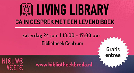Op za. 24 juni vindt de vijfde editie van de <a href="/LivingLibraryNL/">Living Library NL</a>  plaats in Bibliotheek Centrum.

Ga als bezoeker in gesprek met #LevendeBoeken. Interessante mensen die je in het dagelijks leven niet snel spreekt. bibliotheekbreda.nl/iguana/www.mai…^2