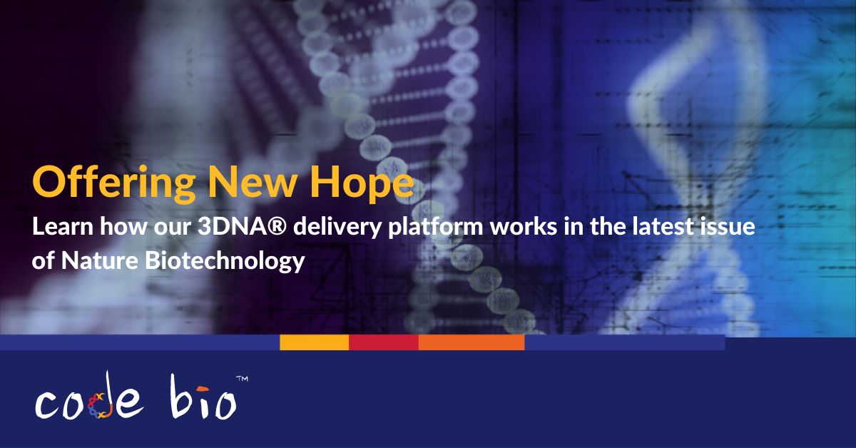 Code Bio was featured in an article by <a href="/Nature/">nature</a> Biotechnology about the opportunities and challenges in the field of #geneticmedicine. Learn how our platform, 3DNA, enables precise targeting of organs and specific cells: rdcu.be/dezRc #innovation