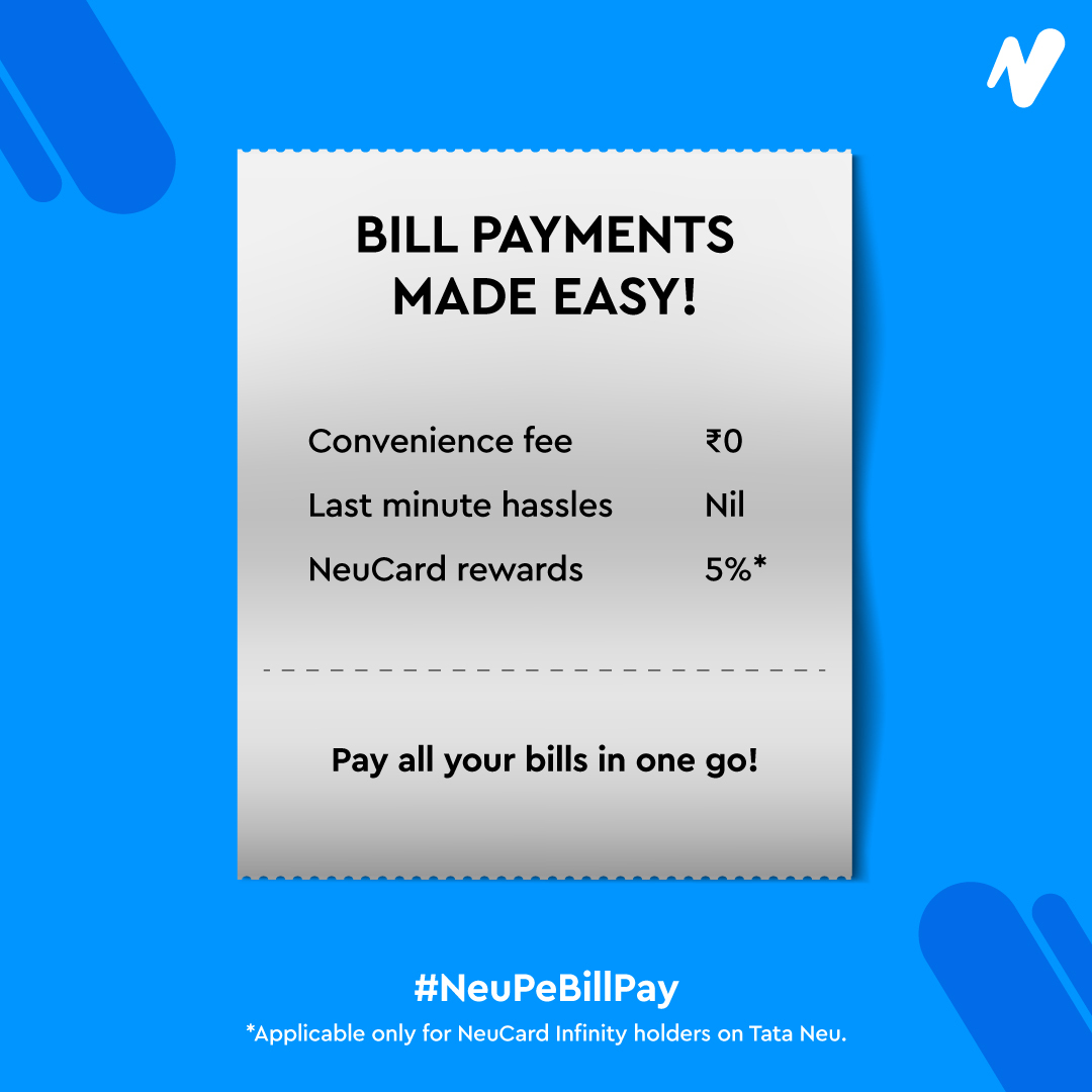 Bill payments ab easy bhi, aur rewarding bhi 😎

Pay all your bills in one go on Tata Neu.
Link - neu.in/0TxKaGSCQzb

#NeuPeBillPay #TataNeu #BillPayments #TataNeuHDFCBankCreditCard #Rewards #Benefits