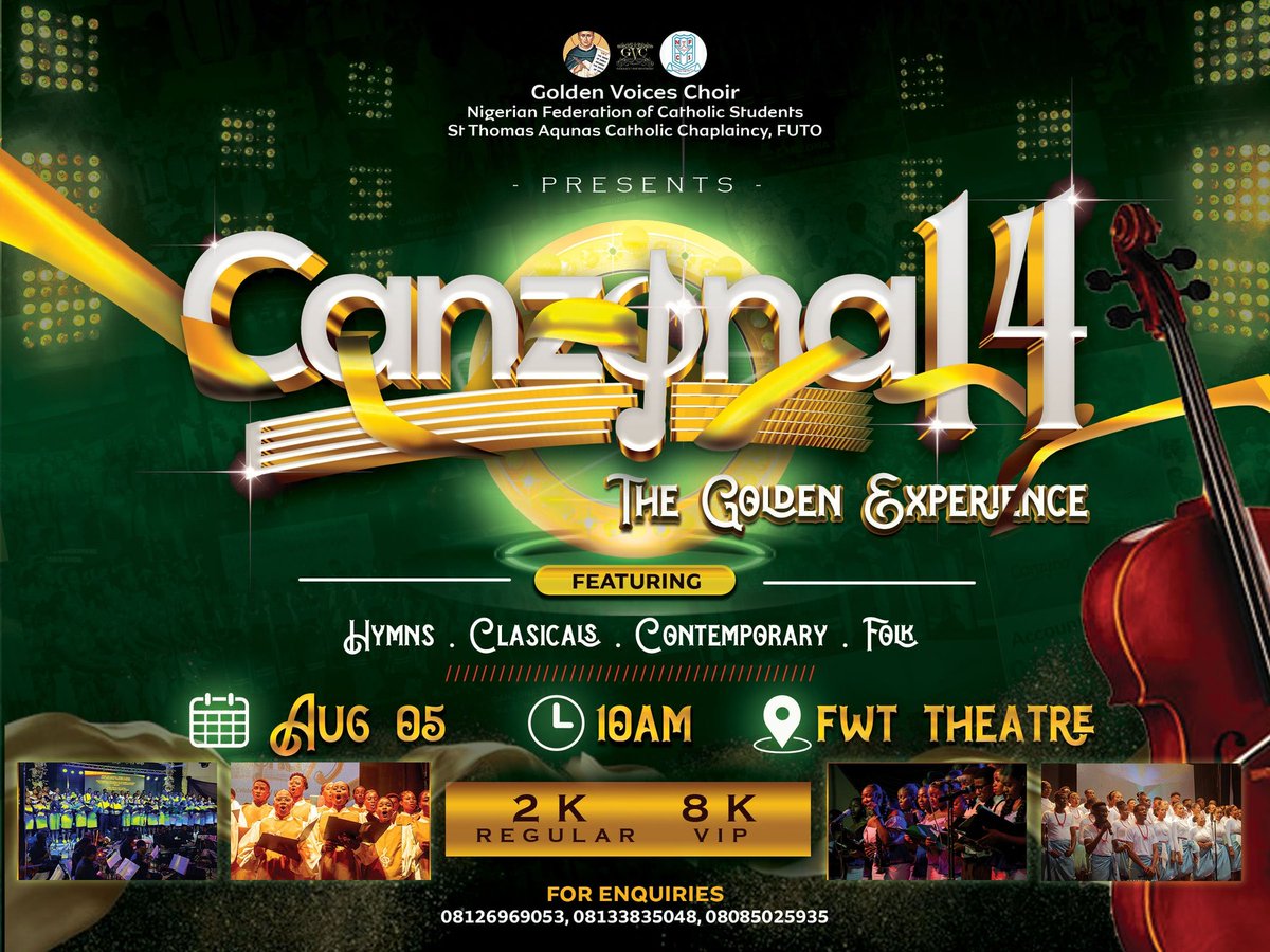 gvc_stacc_futo's tweet photo. @Uchechigaeme_ Yes o!. The 14th edition of the choir's annual Musical concert, CANZONA is here again. Happening live on the 5th of August at FWT THEATRE, FUTO. 
You definitely don't want to miss live performances from these angelic voices 
Kindly get your ticket here https://t.co/6lGJ9dcgB5 https://t.co/YIf6whDUvd