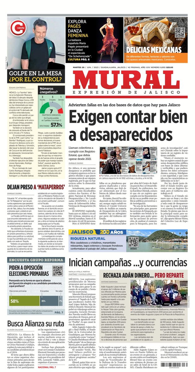 muralcom's tweet photo. ¡Buen martes!
Te compartimos nuestra portada de hoy, donde destaca:
- Exigen contar bien a desaparecidos
- Inician campañas... y ocurrencias
- Rechaza Adán dinero, pero reparte
- Dejan preso a "mataperros"
- Piden a oposición elecciones primarias
- Busca alianza su ruta
- Golpe en la mesa ¿por el control?