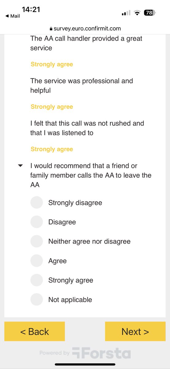 This survey is nuts… “I would recommend that a friend or family member calls the AA to leave the AA”.

…BTW, I only called because the online cancellation felt like it had gone to an inbox no one every responds to… #FailureDemand