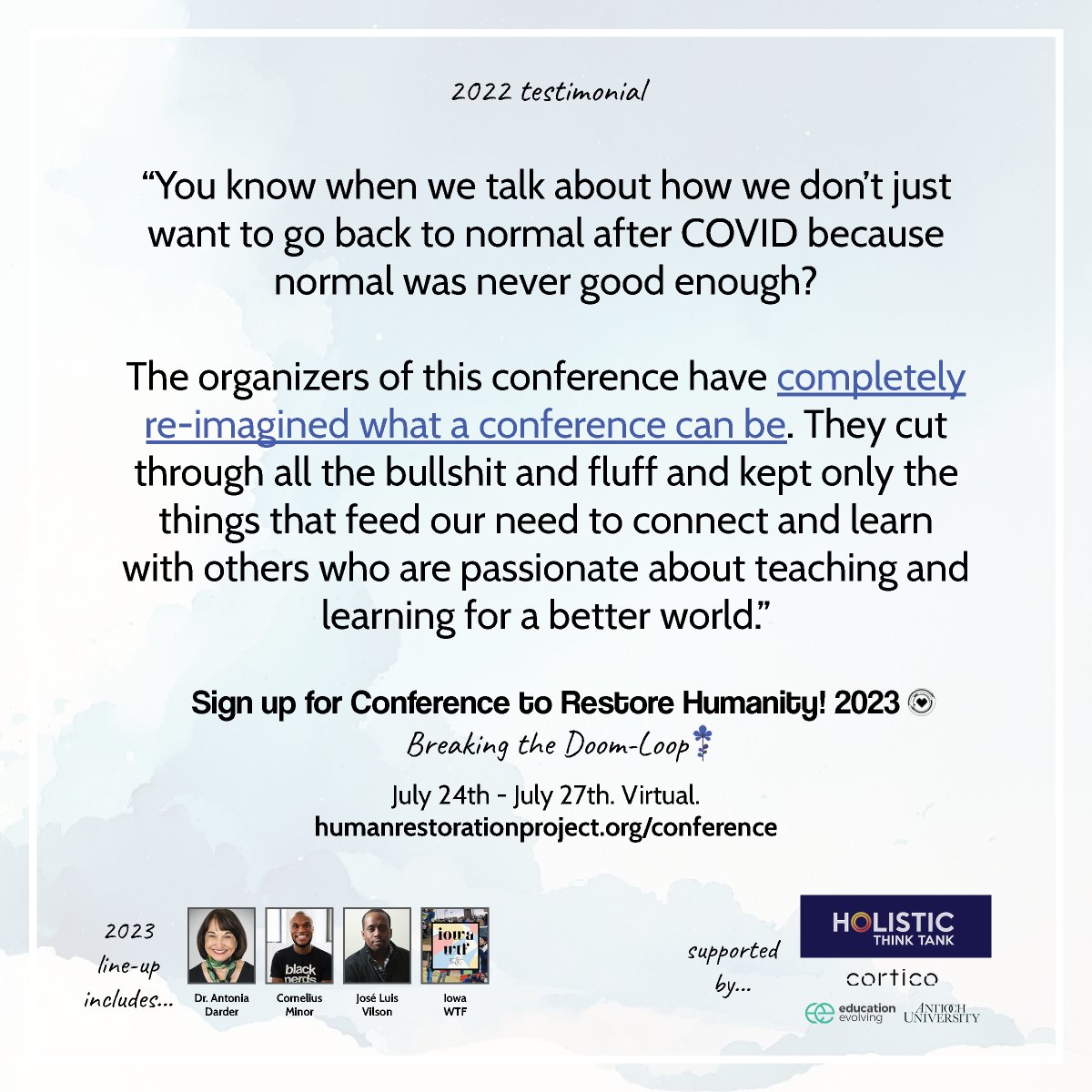 What did last year's participants have to say about Conference to #RestoreHumanity? 'The organizers of this conference have completely re-imagined what a conference can be.' humanrestorationproject.org/conference #mathchat #educolor #edchat #K12 #tg2chat #pblchat A thread 🧵: