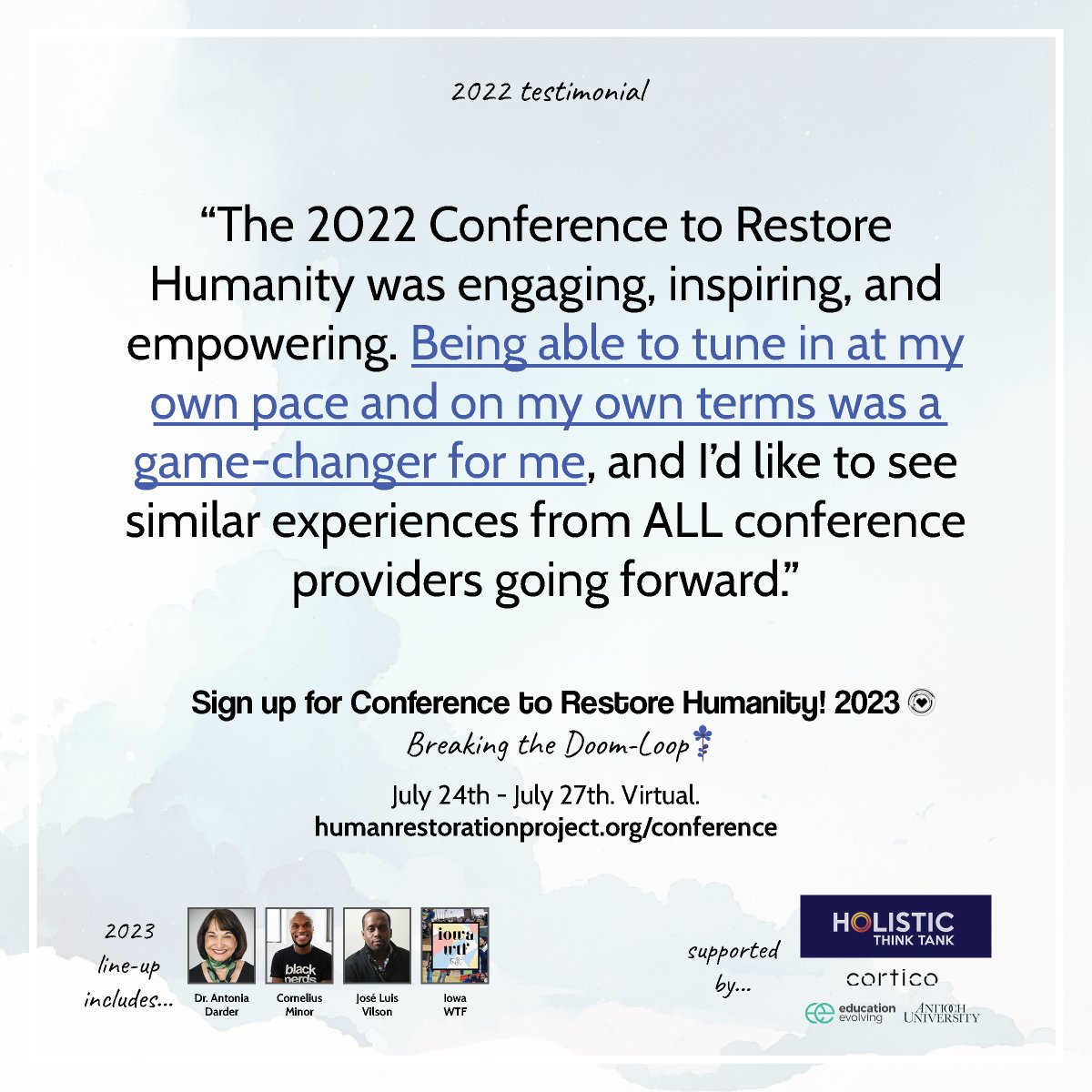 'The 2022 Conference to #RestoreHumanity was engaging, inspiring, and empowering. Being able to tune in at my own pace & on my own terms was a game-changer for me, & I'd like to see similar experiences from ALL conference providers...' 🔥 humanrestorationproject.org/conference #sschat #STEM