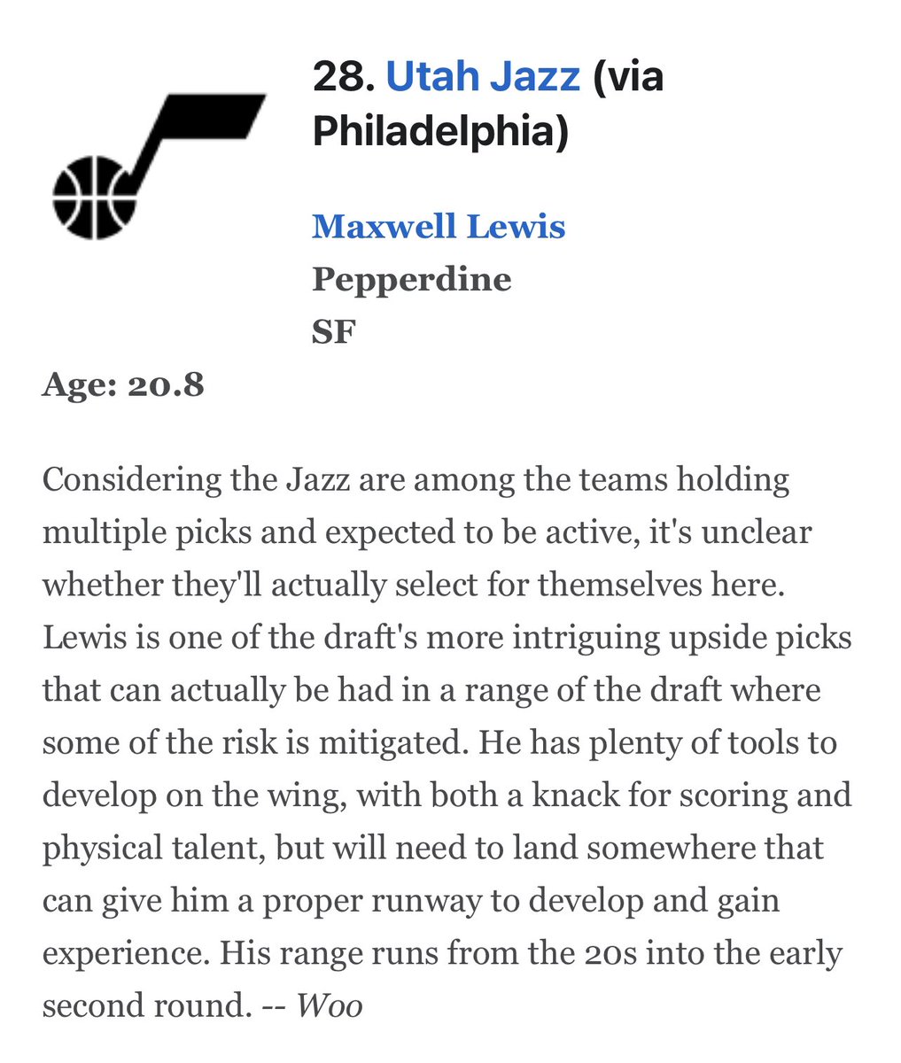 WoW …. New mock draft from ESPN / DraftExpress would be a home run for the Utah Jazz
They have the Jazz drafting …

9) Cam Whitmore
16) Bilal Coulibaly 
28) Maxwell Lewis 

full mock 👉 espn.com/nba/insider/in…

.
.
#JazzNation #NBADraft #TakeNote
#JazzDraft #NBA #UtahJazz