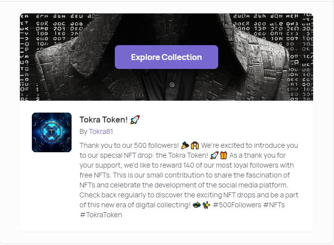 Tokra Token! 🚀 500 Claims

Von Tokra81

Vielen Dank an unsere 500 Follower! 🎉🙌 Wir freuen uns, euch unseren besonderen NFT-Drop vorstellen zu können: den Tokra Token! 
3⃣ Drop @enjin EFI QR code (please 🫡)