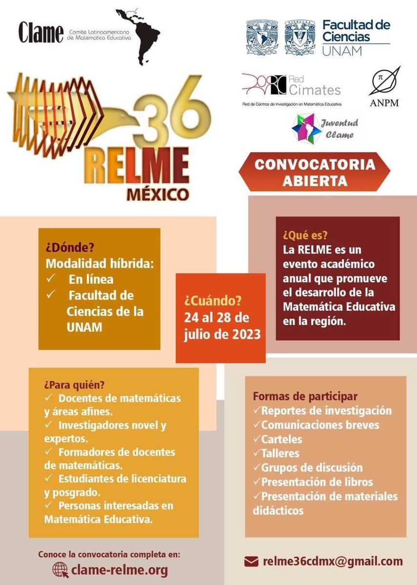 fciencias's tweet photo. ¡Ya viene la #RELME Reunión Latinoamericano de #Matemática Educativa en su edición 36! 🎉😎🤩🧮➗
👨🏻🏫👩🏽🏫🧑🏼🏫Un evento académico anual que promueve el desarrollo de la Matemática Educativa en la región a través del intercambio de experiencias. ➡️https://t.co/QGuSIlrLnM https://t.co/bT3URe4kv5