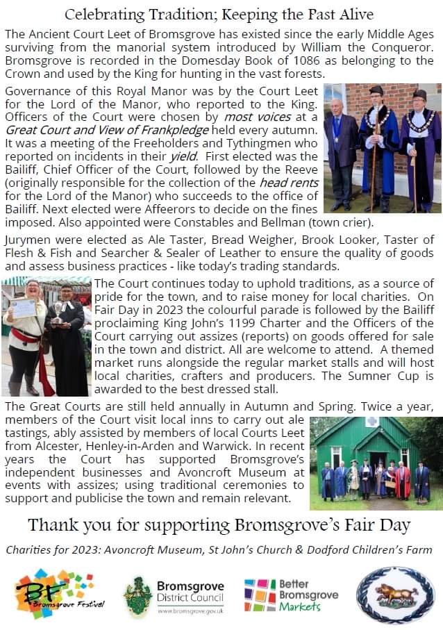 BromsgroveCourt Leet (@bromscourtleet) on Twitter photo Fair Day in Bromsgrove on Saturday 24th June
10.30 procession with <a href="/shirleypipeband/">Shirley Pipe Band</a> leading us
11.00am proclamation of #Royal Chater and Assizes at Housman Statue in the High Street
All Day Street Market.
All welcome!
#heritage #tradition #ceremony #WorcestershireHour Fair Day in Bromsgrove on Saturday 24th June
10.30 procession with <a href="/shirleypipeband/">Shirley Pipe Band</a> leading us
11.00am proclamation of #Royal Chater and Assizes at Housman Statue in the High Street
All Day Street Market.
All welcome!
#heritage #tradition #ceremony #WorcestershireHour