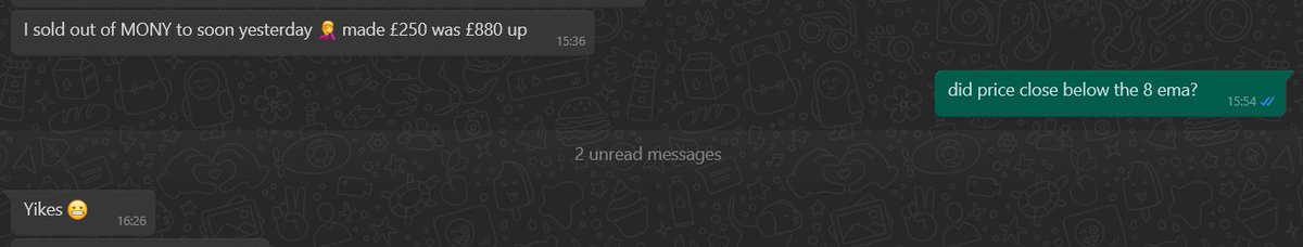 Borg74's tweet image. #MONY still in the MONEY HONEY.

1 student: Did you sell #MONY after yesterday's price action?
Another Student sold out too early.

Therein lies the 8ema.  If price has not closed below the 8ema there is no need to exit a Long trade.  It takes out the emotion of trading.  A