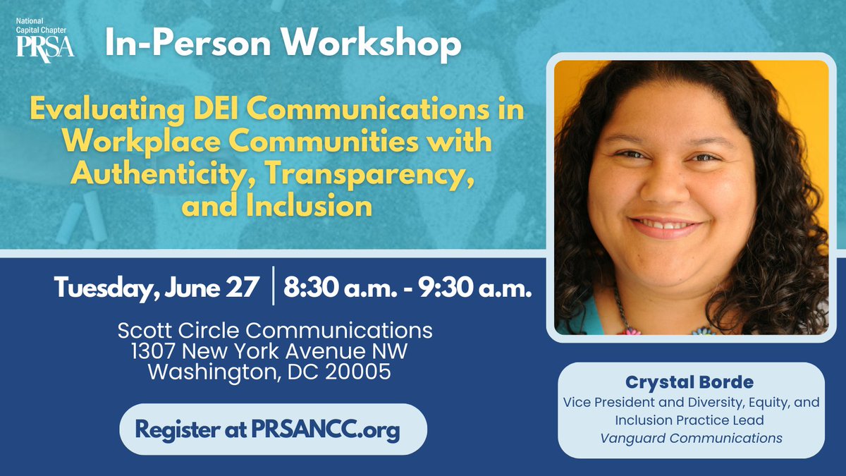 PRSA_NCC's tweet photo. 🚨#ICYMI 🚨On Tuesday, 6/27, join us at @ScottCircle as @crys78 @VanComm's VP and #DEI Practice Lead presents strategies #PR professionals can use to evaluate DEI communications within their organizations. Learn more at https://t.co/grNPrzcO0k #PRSANCC #DCevents #PRTips https://t.co/LRWvFUnRaq