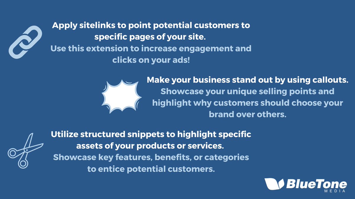 BlueToneMedia03's tweet photo. Why use ad extensions?
✅ Improve relevance and Quality Score.
✅ Enhance visibility and click-through rates.
✅ Tailor ads to user intent and preferences.

Find more SEM tips here: https://t.co/c3Vu3eU53a

#SEM #GoogleAds #AdExtensions #DigitalMarketing #PPC #SEMTips https://t.co/ooULtusLzj