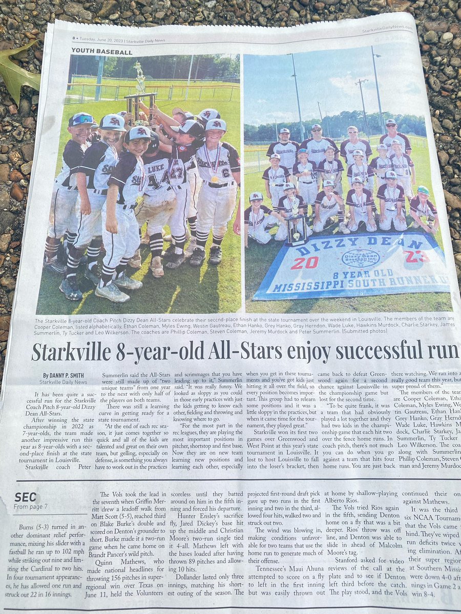 Hey <a href="/lynn_spruill/">Lynn Spruill</a>, you may have to expand the trophy case at Cornerstone. Starkville All Stars showed out at the Dizzy Dean state tournament! 

7U: 2nd place
8U: 2nd place
9/10: State Champs
11/12: State Champs 

<a href="/StarkvilleDaily/">Starkville Daily News</a>