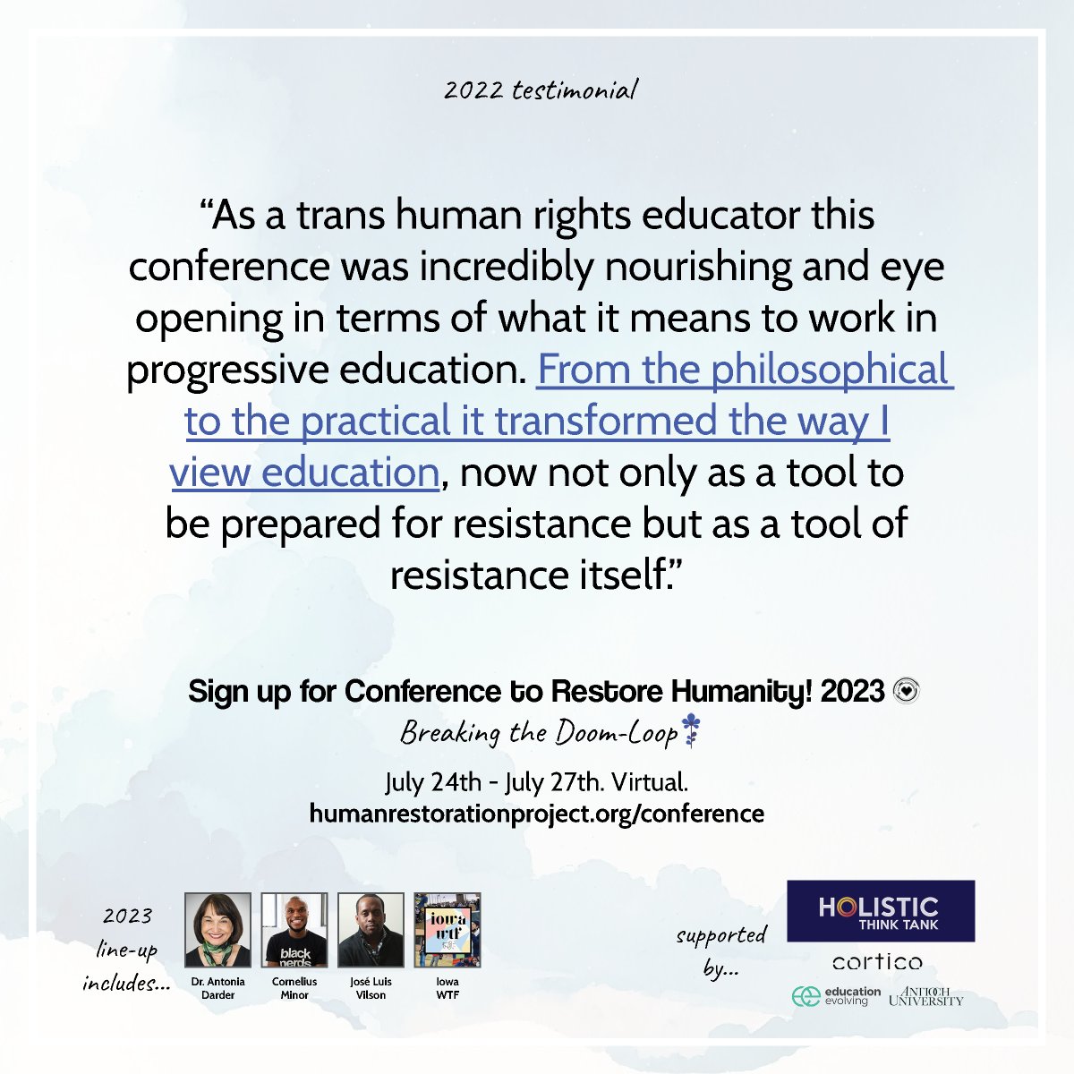 'As a trans human rights educator this conference was incredibly nourishing and eye opening in terms of what it means to work in progressive education.' 👀 humanrestorationproject.org/conference #DitchBook #teachers #edadmin