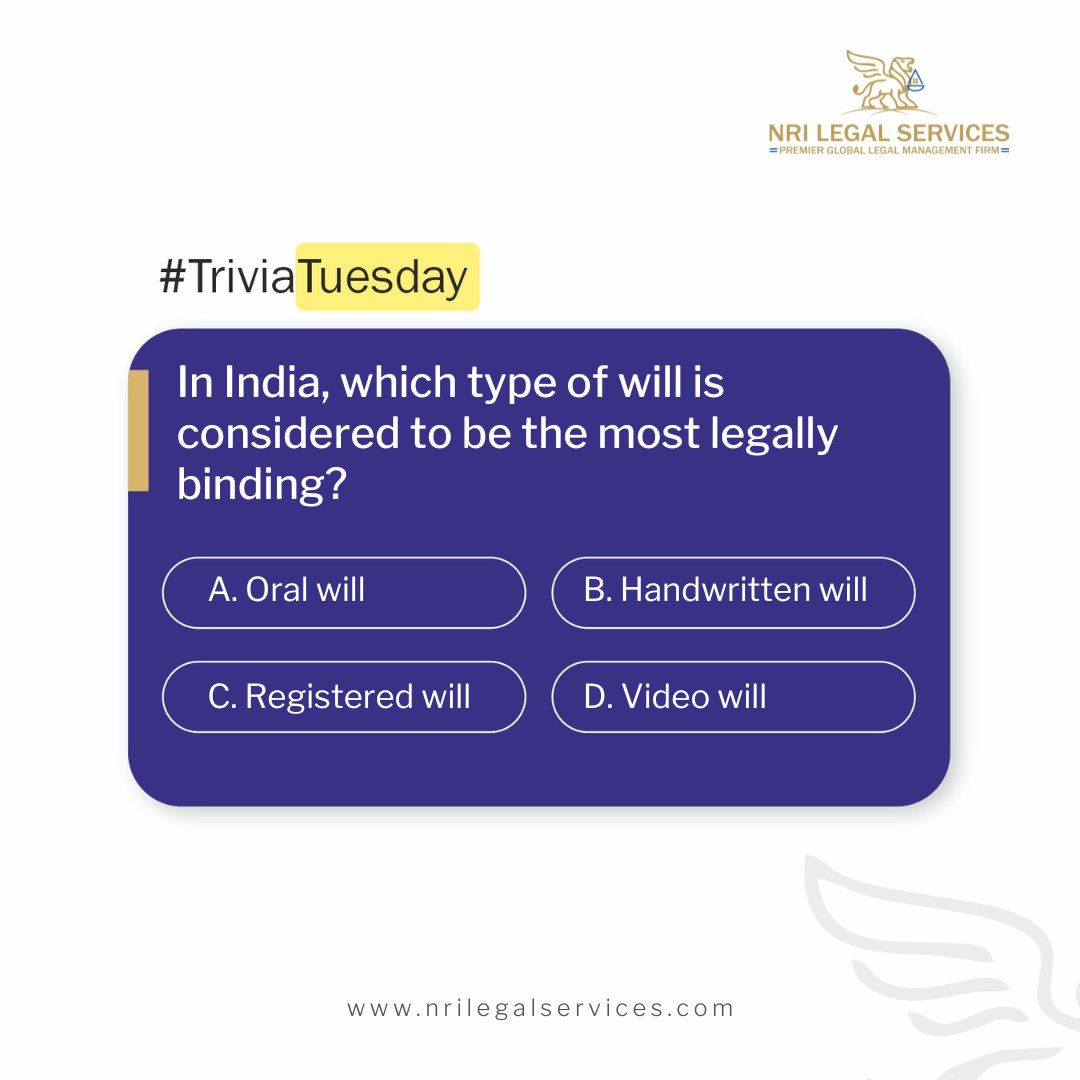 NRILegal's tweet photo. We are back again with our Tuesday trivia!
Enjoy hitting a bulls eye by getting all the questions correct..
https://t.co/MRBDEDGFUP
#TriviaTuesday #TuesdayTrivia #MakingaWill #WillDocument #RERA #NRIs #India #IndianDiaspora #LegalServices #LegalAdvice #NRILegalServices https://t.co/gJfZGarcZz